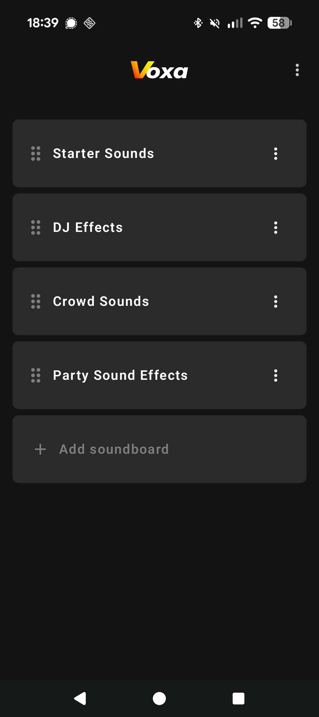 Voxa home screen listing four soundboards