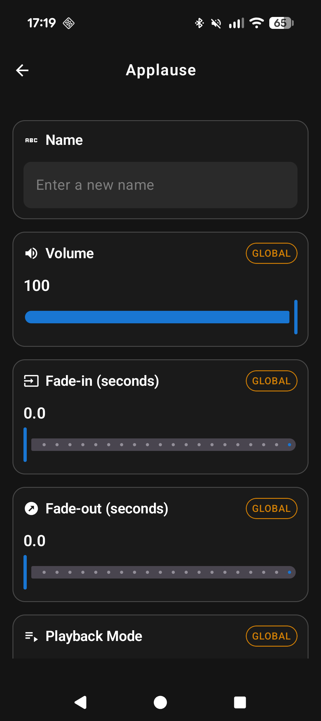 Per-pad settings showing volume, fade, and playback mode