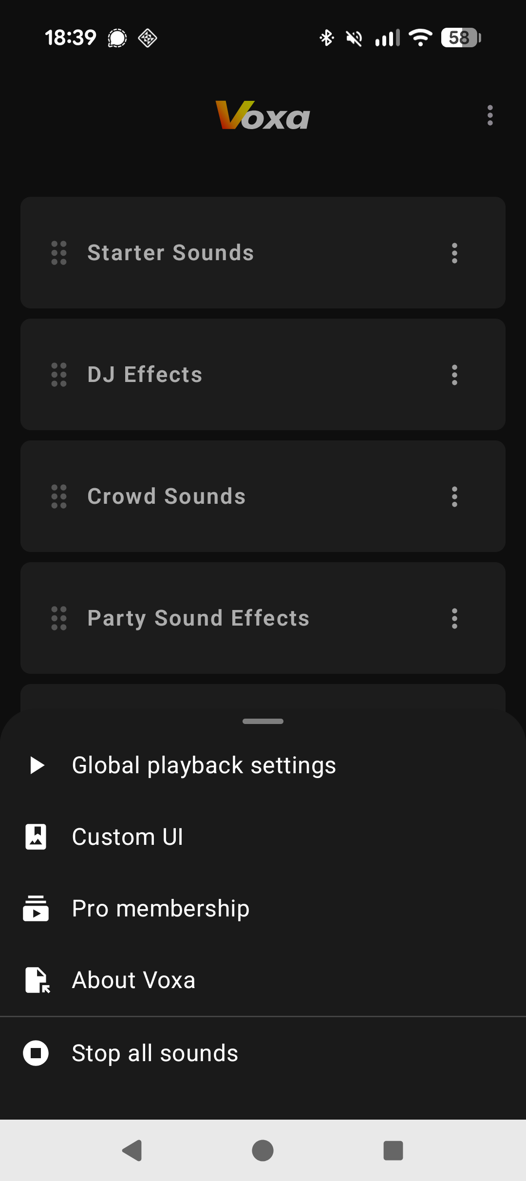Settings bottom sheet over the soundboard list